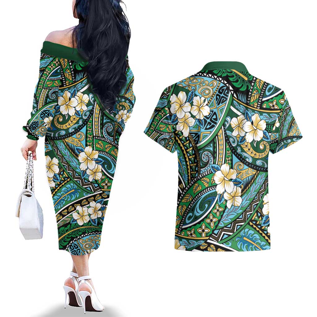 Polynesian Hibiscus Tropical Green Floral Couples Matching Off The Shoulder Long Sleeve Dress and Hawaiian Shirt Tribal Pattern LT01 - Polynesian Pride