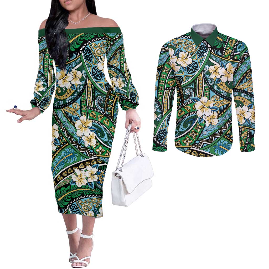 Polynesian Hibiscus Tropical Green Floral Couples Matching Off The Shoulder Long Sleeve Dress and Long Sleeve Button Shirt Tribal Pattern LT01 Green - Polynesian Pride