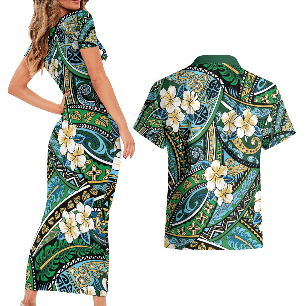 Polynesian Hibiscus Tropical Green Floral Couples Matching Short Sleeve Bodycon Dress and Hawaiian Shirt Tribal Pattern LT01 - Polynesian Pride