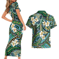 Polynesian Hibiscus Tropical Green Floral Couples Matching Short Sleeve Bodycon Dress and Hawaiian Shirt Tribal Pattern LT01 - Polynesian Pride