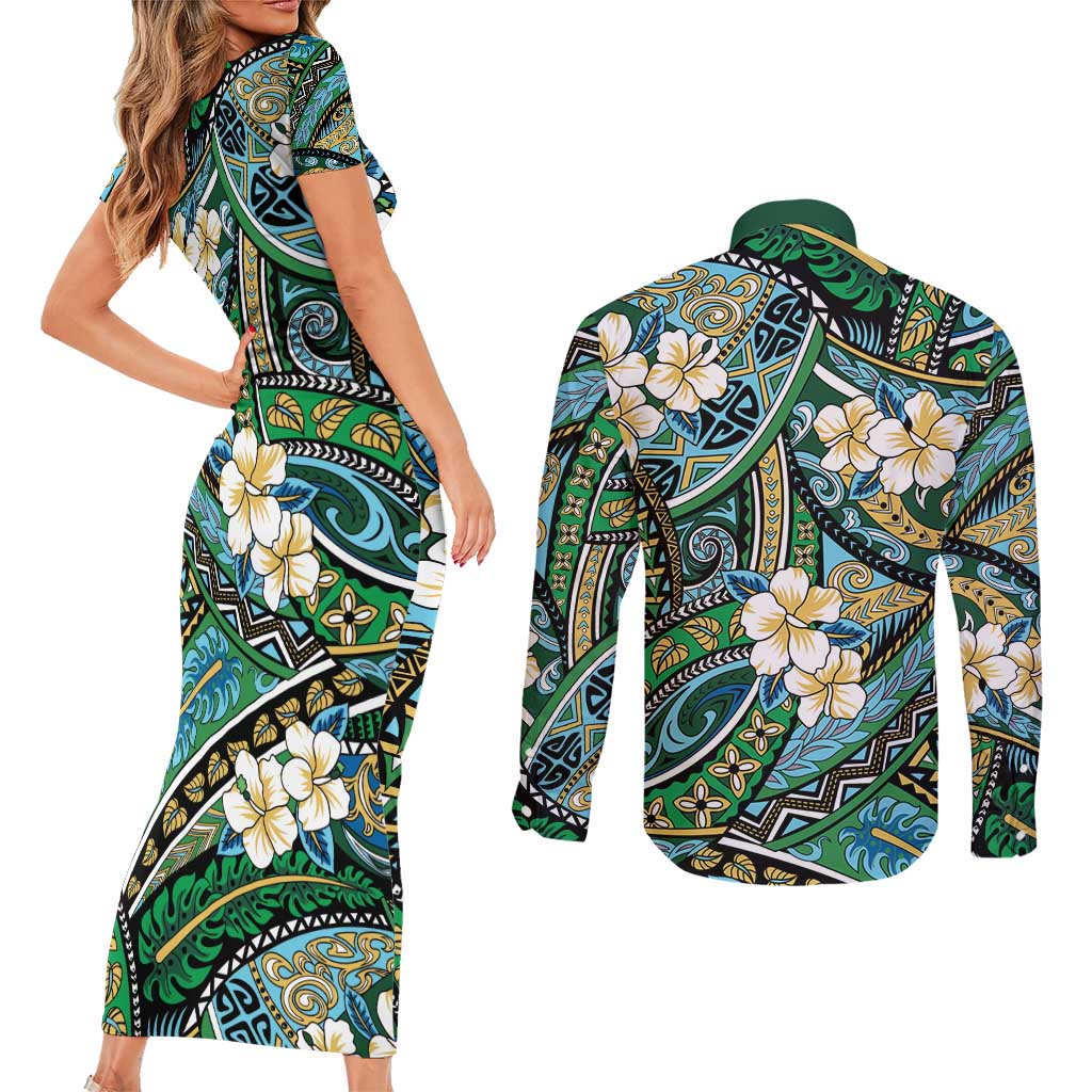 Polynesian Hibiscus Tropical Green Floral Couples Matching Short Sleeve Bodycon Dress and Long Sleeve Button Shirt Tribal Pattern LT01 - Polynesian Pride