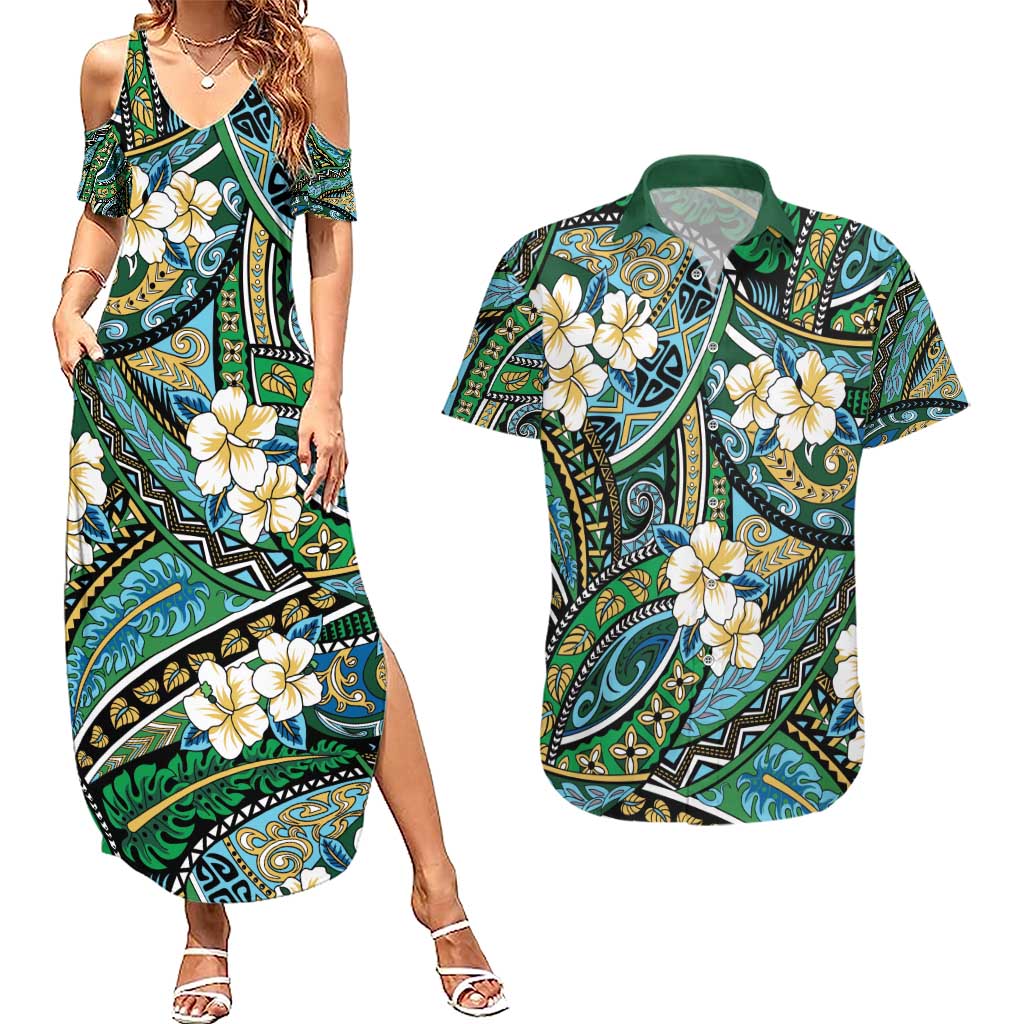 Polynesian Hibiscus Tropical Green Floral Couples Matching Summer Maxi Dress and Hawaiian Shirt Tribal Pattern LT01 Green - Polynesian Pride