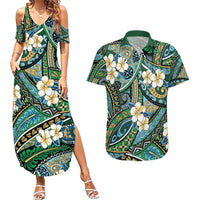 Polynesian Hibiscus Tropical Green Floral Couples Matching Summer Maxi Dress and Hawaiian Shirt Tribal Pattern LT01 Green - Polynesian Pride