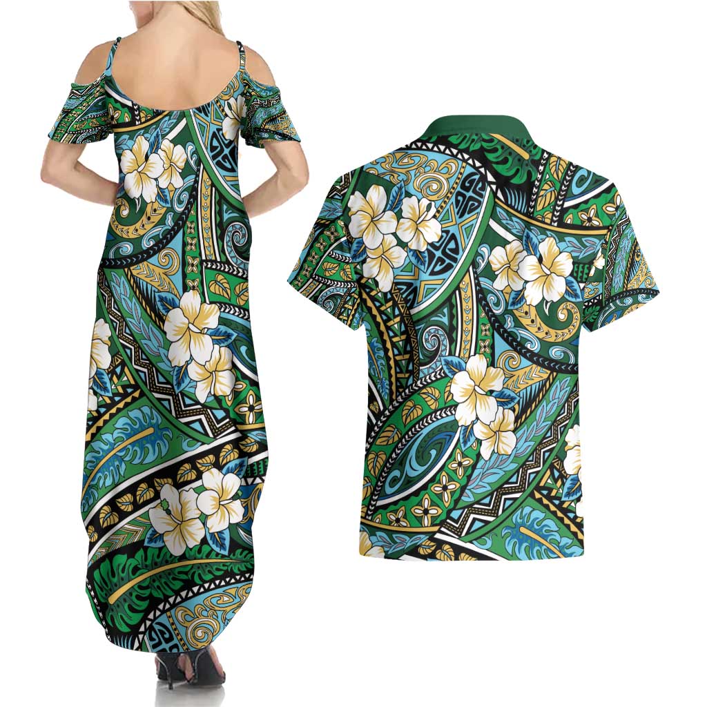 Polynesian Hibiscus Tropical Green Floral Couples Matching Summer Maxi Dress and Hawaiian Shirt Tribal Pattern LT01 - Polynesian Pride