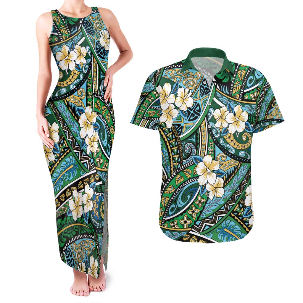 Polynesian Hibiscus Tropical Green Floral Couples Matching Tank Maxi Dress and Hawaiian Shirt Tribal Pattern LT01 Green - Polynesian Pride