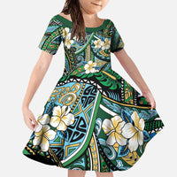 Polynesian Hibiscus Tropical Green Floral Family Matching Long Sleeve Bodycon Dress and Hawaiian Shirt Tribal Pattern LT01 Daughter's Dress Green - Polynesian Pride