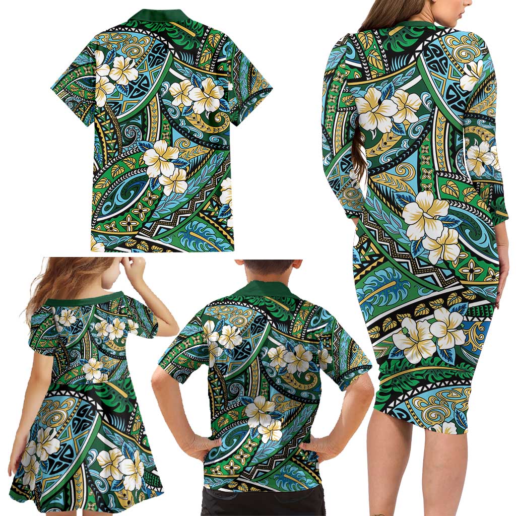 Polynesian Hibiscus Tropical Green Floral Family Matching Long Sleeve Bodycon Dress and Hawaiian Shirt Tribal Pattern LT01 - Polynesian Pride