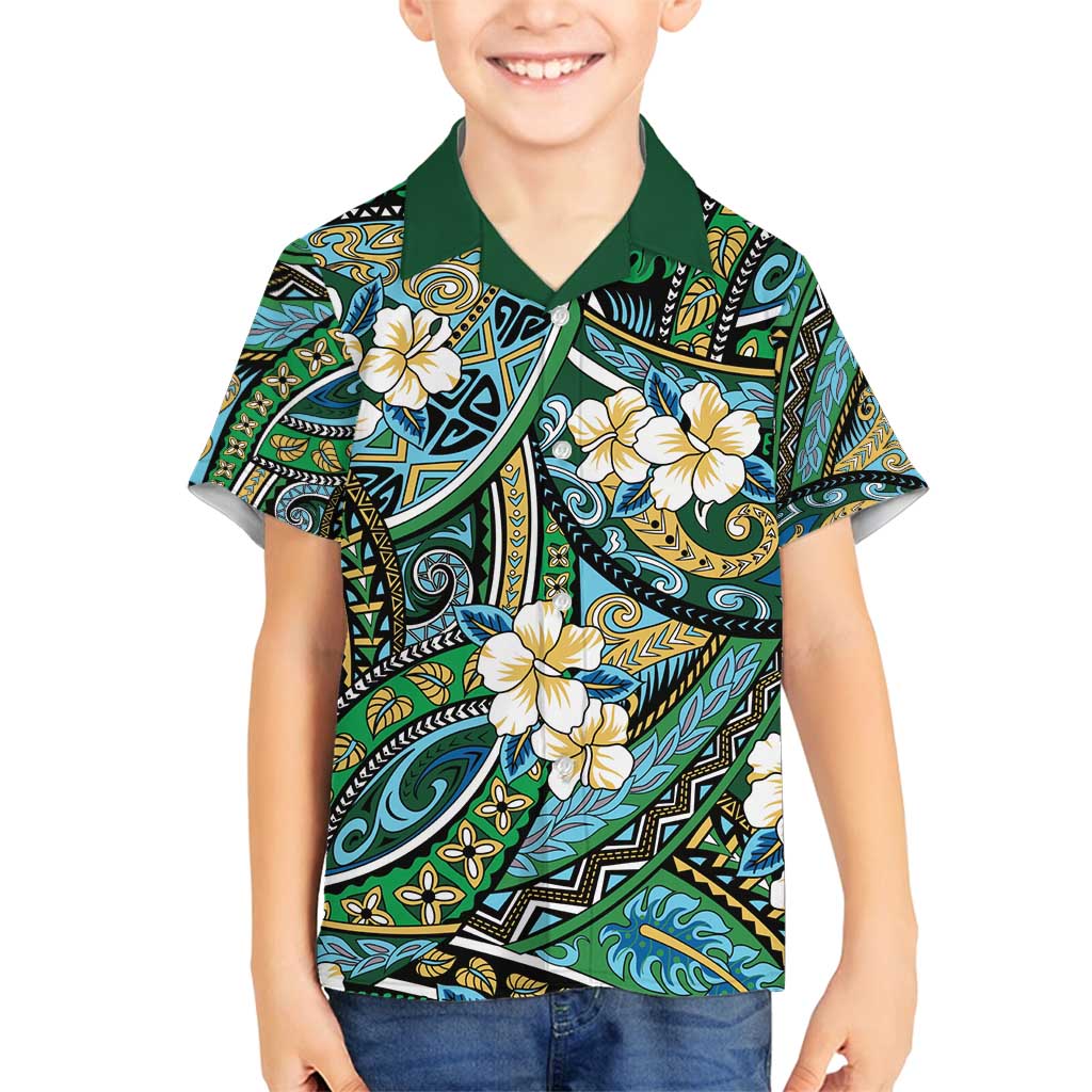 Polynesian Hibiscus Tropical Green Floral Family Matching Long Sleeve Bodycon Dress and Hawaiian Shirt Tribal Pattern LT01 Son's Shirt Green - Polynesian Pride