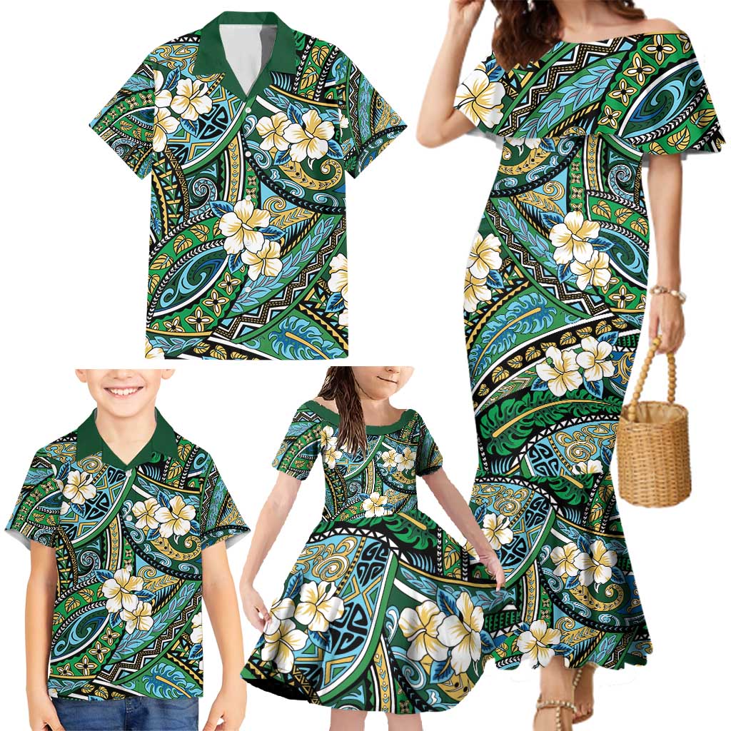 Polynesian Hibiscus Tropical Green Floral Family Matching Mermaid Dress and Hawaiian Shirt Tribal Pattern LT01 - Polynesian Pride