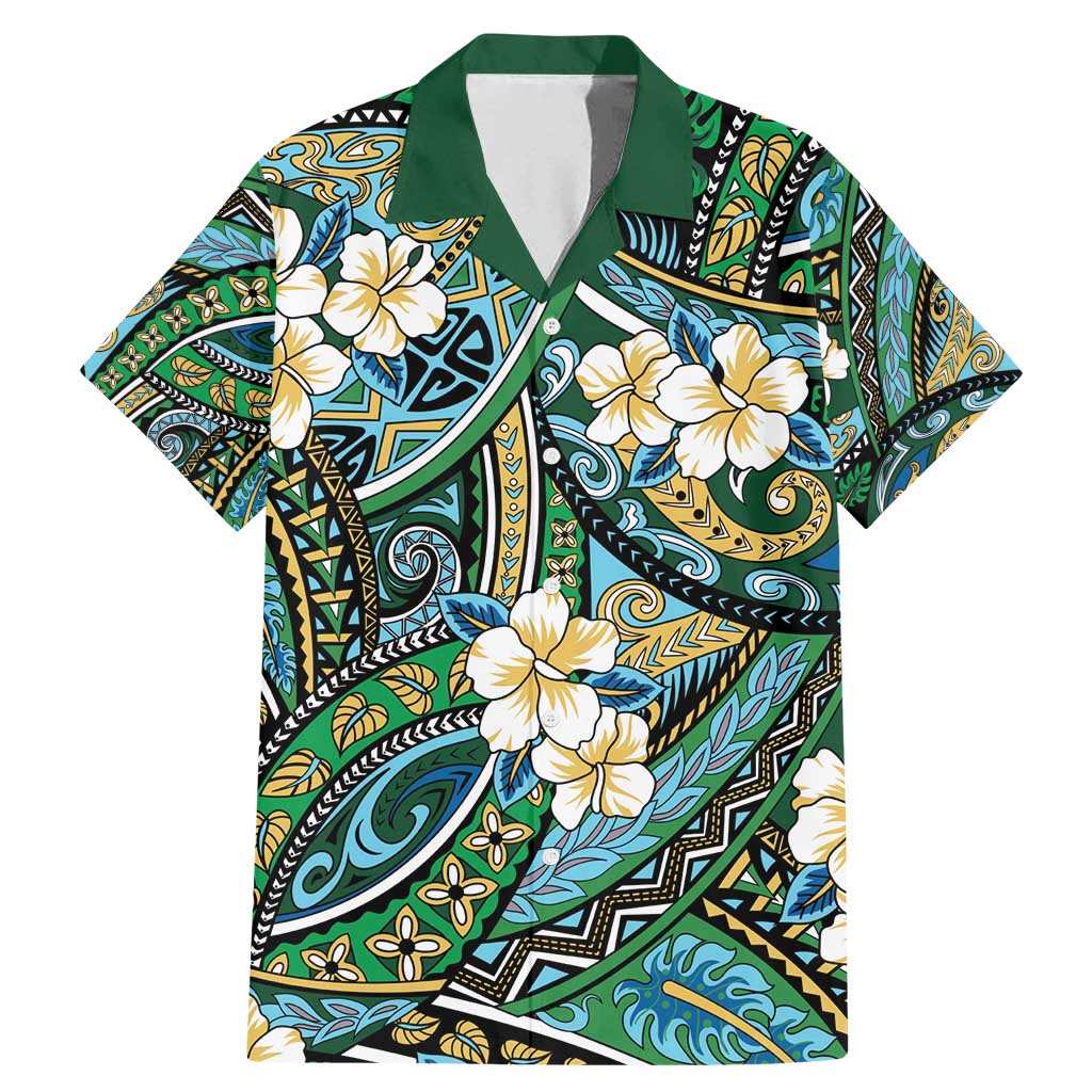 Polynesian Hibiscus Tropical Green Floral Family Matching Mermaid Dress and Hawaiian Shirt Tribal Pattern LT01 Dad's Shirt - Short Sleeve Green - Polynesian Pride