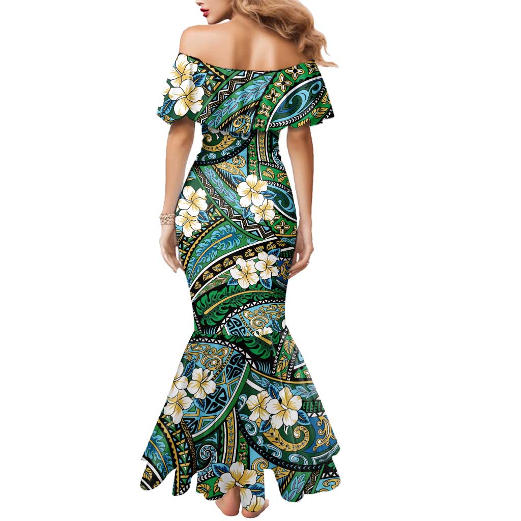 Polynesian Hibiscus Tropical Green Floral Family Matching Mermaid Dress and Hawaiian Shirt Tribal Pattern LT01 - Polynesian Pride