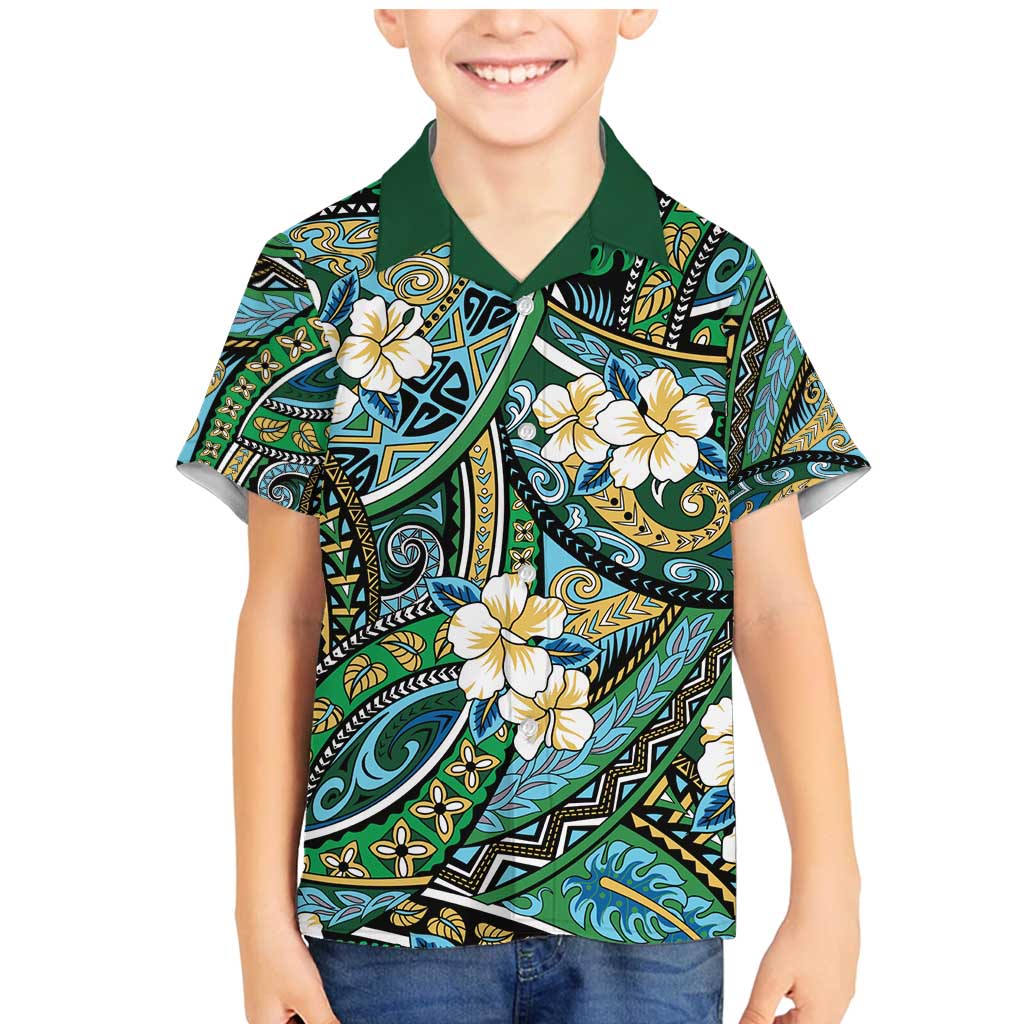 Polynesian Hibiscus Tropical Green Floral Family Matching Mermaid Dress and Hawaiian Shirt Tribal Pattern LT01 Son's Shirt Green - Polynesian Pride