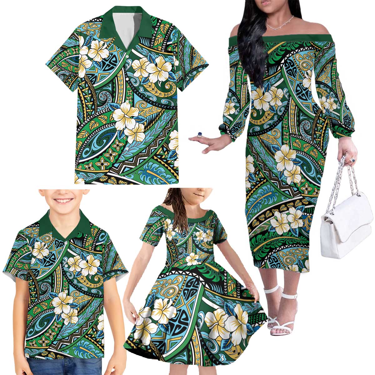 Polynesian Hibiscus Tropical Green Floral Family Matching Off The Shoulder Long Sleeve Dress and Hawaiian Shirt Tribal Pattern LT01 - Polynesian Pride