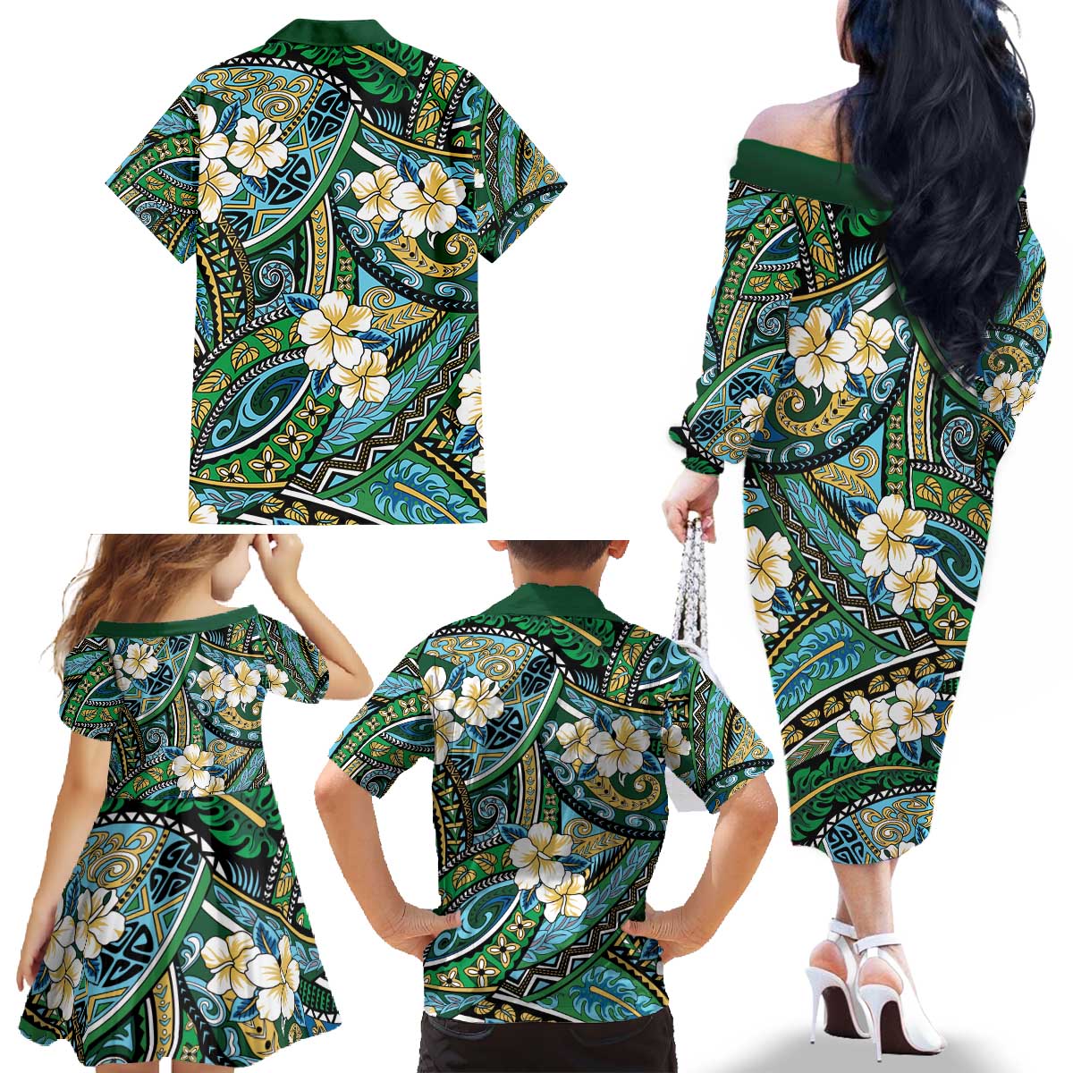 Polynesian Hibiscus Tropical Green Floral Family Matching Off The Shoulder Long Sleeve Dress and Hawaiian Shirt Tribal Pattern LT01 - Polynesian Pride