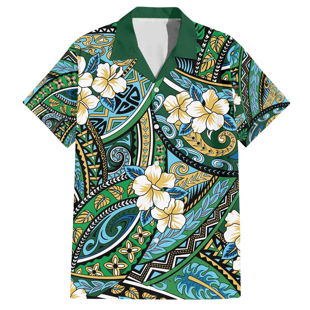 Polynesian Hibiscus Tropical Green Floral Family Matching Off Shoulder Maxi Dress and Hawaiian Shirt Tribal Pattern LT01 Dad's Shirt - Short Sleeve Green - Polynesian Pride