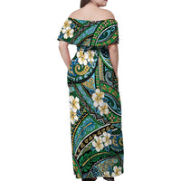 Polynesian Hibiscus Tropical Green Floral Family Matching Off Shoulder Maxi Dress and Hawaiian Shirt Tribal Pattern LT01 - Polynesian Pride