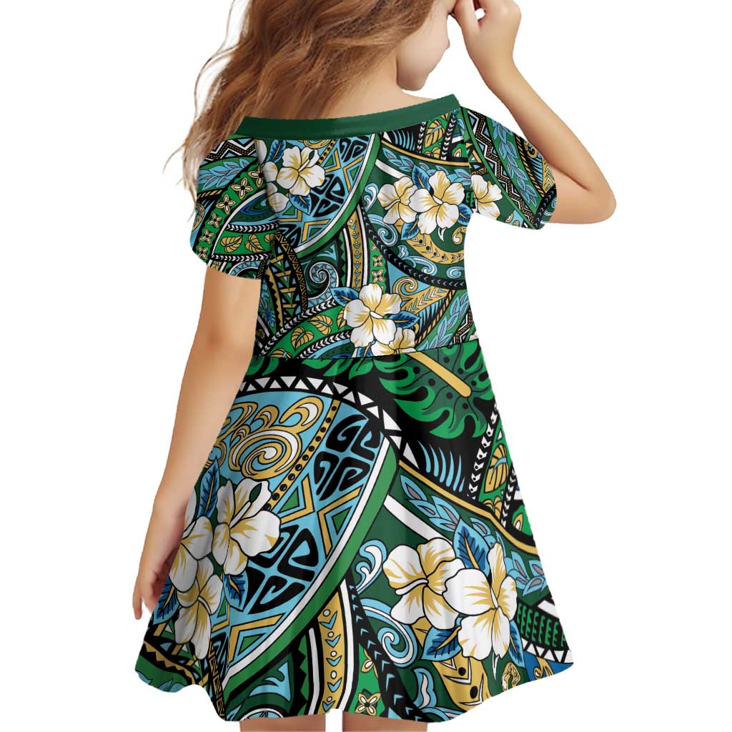 Polynesian Hibiscus Tropical Green Floral Family Matching Off Shoulder Short Dress and Hawaiian Shirt Tribal Pattern LT01 - Polynesian Pride