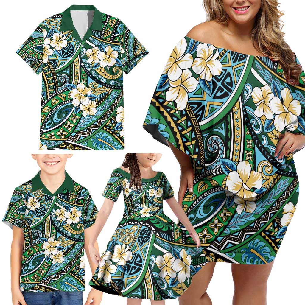Polynesian Hibiscus Tropical Green Floral Family Matching Off Shoulder Short Dress and Hawaiian Shirt Tribal Pattern LT01 - Polynesian Pride