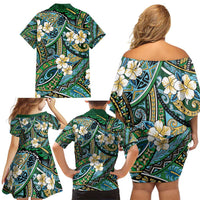 Polynesian Hibiscus Tropical Green Floral Family Matching Off Shoulder Short Dress and Hawaiian Shirt Tribal Pattern LT01 - Polynesian Pride
