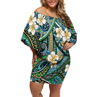 Polynesian Hibiscus Tropical Green Floral Family Matching Off Shoulder Short Dress and Hawaiian Shirt Tribal Pattern LT01 Mom's Dress Green - Polynesian Pride