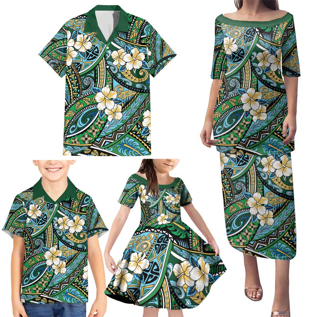 Polynesian Hibiscus Tropical Green Floral Family Matching Puletasi and Hawaiian Shirt Tribal Pattern LT01 - Polynesian Pride