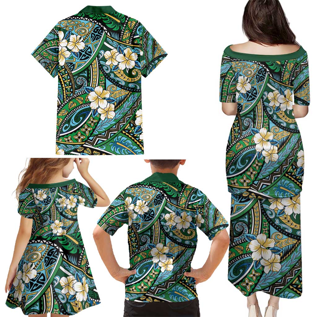 Polynesian Hibiscus Tropical Green Floral Family Matching Puletasi and Hawaiian Shirt Tribal Pattern LT01 - Polynesian Pride