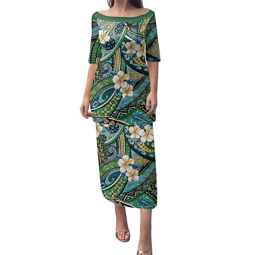Polynesian Hibiscus Tropical Green Floral Family Matching Puletasi and Hawaiian Shirt Tribal Pattern LT01 Mom's Dress Green - Polynesian Pride