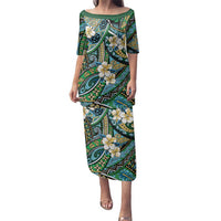 Polynesian Hibiscus Tropical Green Floral Family Matching Puletasi and Hawaiian Shirt Tribal Pattern LT01 Mom's Dress Green - Polynesian Pride