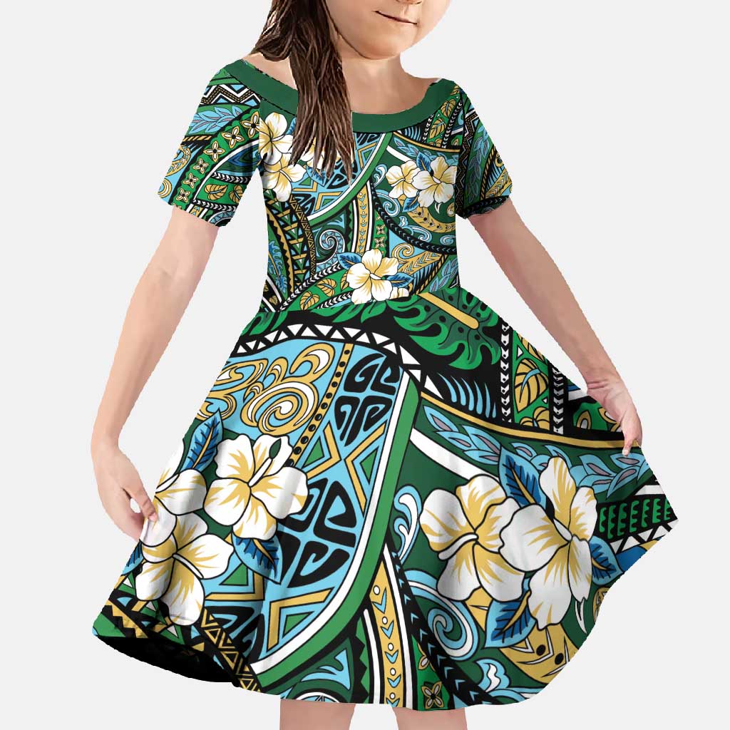Polynesian Hibiscus Tropical Green Floral Family Matching Short Sleeve Bodycon Dress and Hawaiian Shirt Tribal Pattern LT01 Daughter's Dress Green - Polynesian Pride