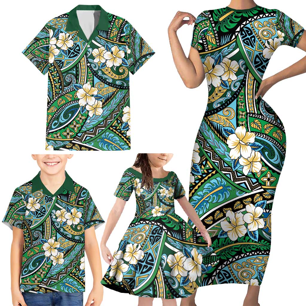 Polynesian Hibiscus Tropical Green Floral Family Matching Short Sleeve Bodycon Dress and Hawaiian Shirt Tribal Pattern LT01 - Polynesian Pride