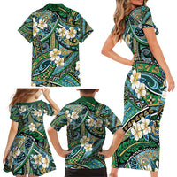 Polynesian Hibiscus Tropical Green Floral Family Matching Short Sleeve Bodycon Dress and Hawaiian Shirt Tribal Pattern LT01 - Polynesian Pride