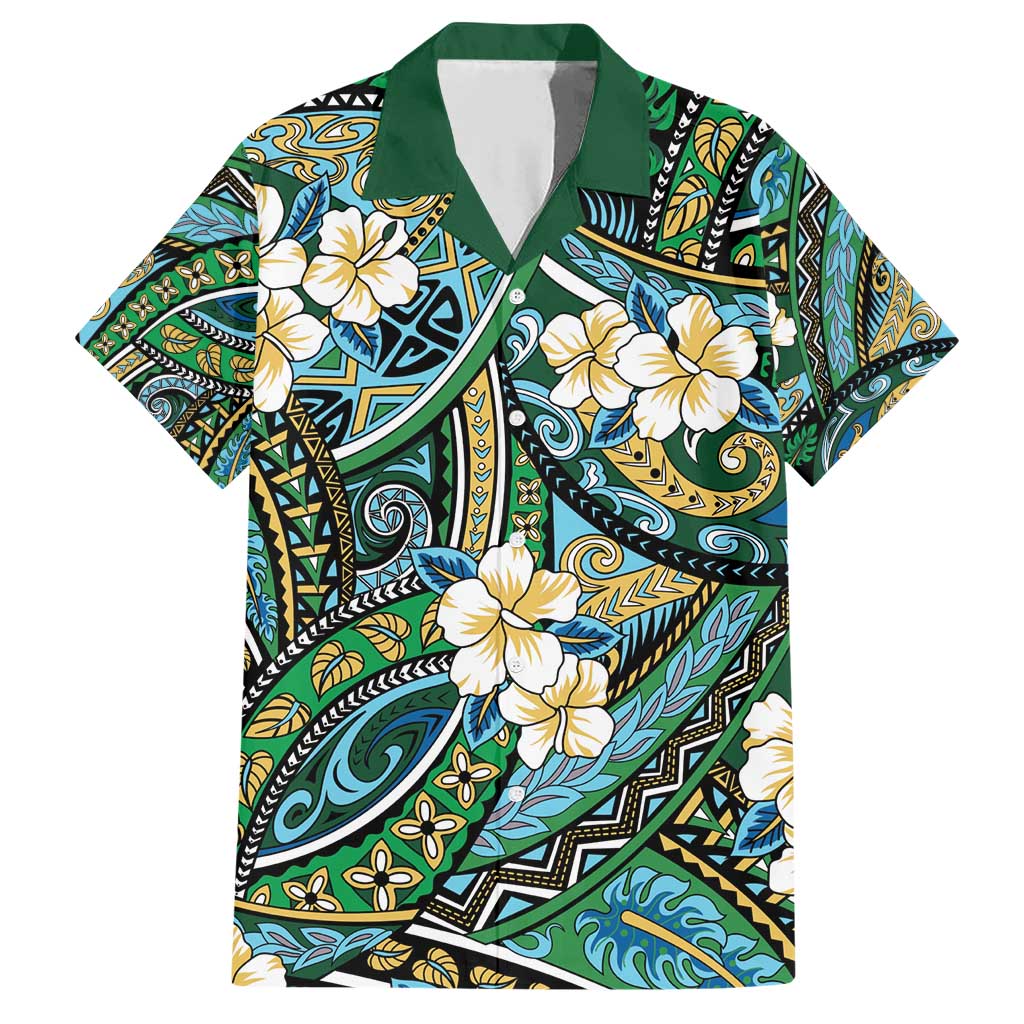Polynesian Hibiscus Tropical Green Floral Family Matching Short Sleeve Bodycon Dress and Hawaiian Shirt Tribal Pattern LT01 Dad's Shirt - Short Sleeve Green - Polynesian Pride