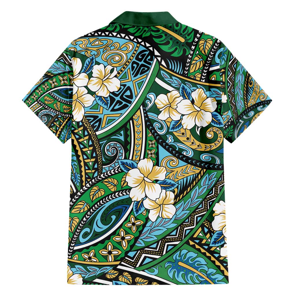 Polynesian Hibiscus Tropical Green Floral Family Matching Short Sleeve Bodycon Dress and Hawaiian Shirt Tribal Pattern LT01 - Polynesian Pride
