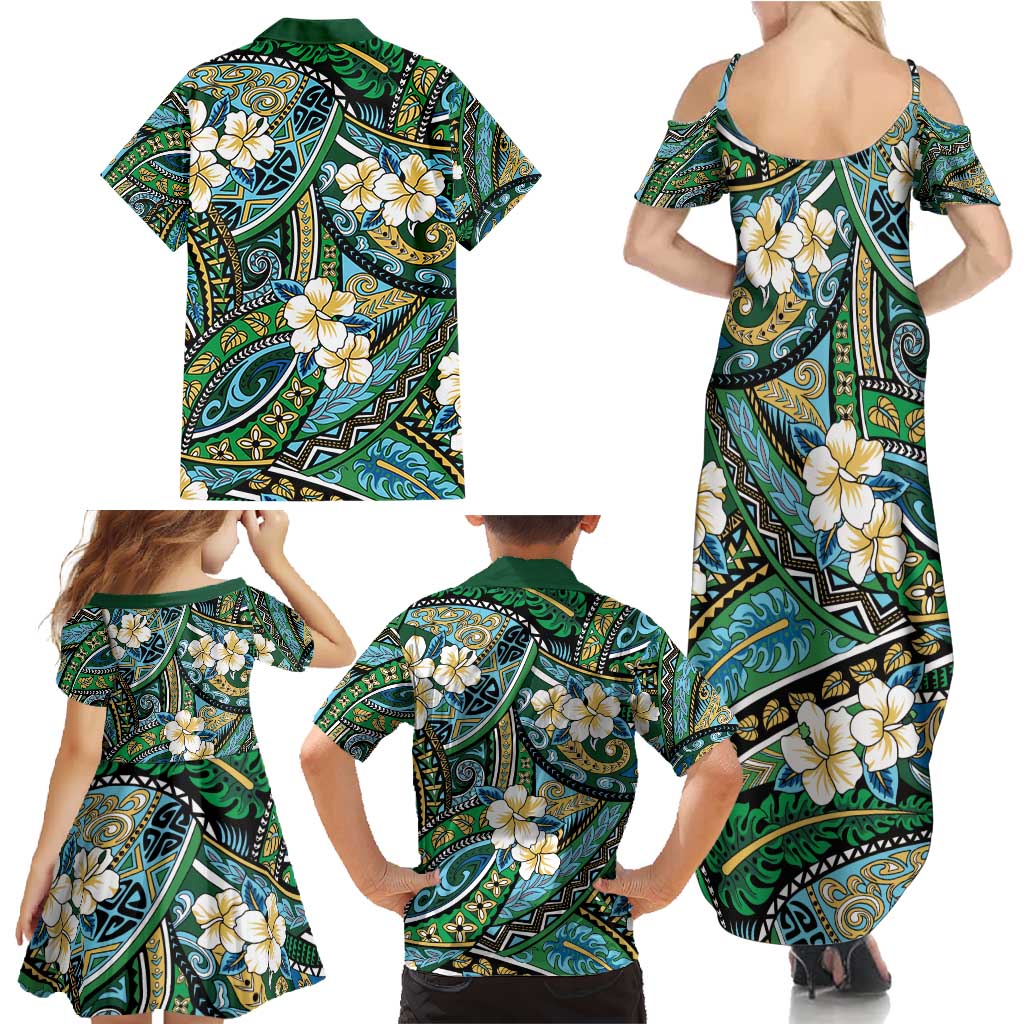 Polynesian Hibiscus Tropical Green Floral Family Matching Summer Maxi Dress and Hawaiian Shirt Tribal Pattern LT01 - Polynesian Pride