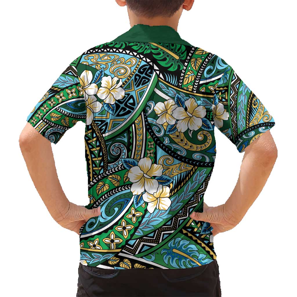 Polynesian Hibiscus Tropical Green Floral Family Matching Tank Maxi Dress and Hawaiian Shirt Tribal Pattern LT01 - Polynesian Pride