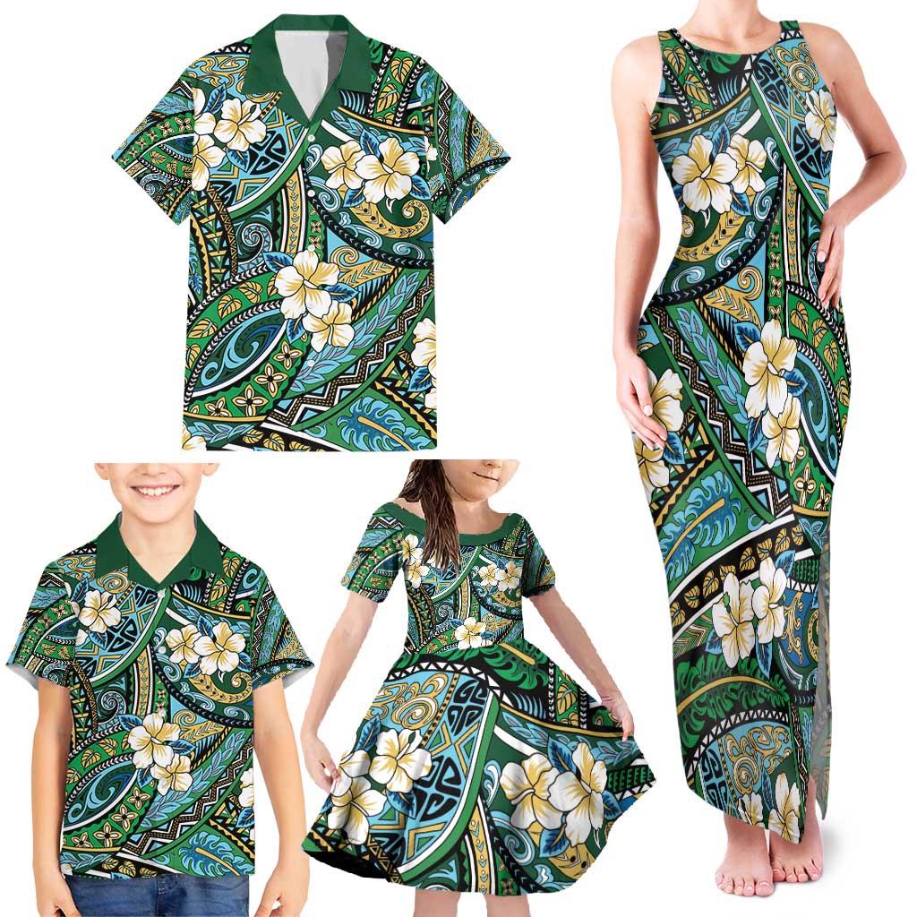 Polynesian Hibiscus Tropical Green Floral Family Matching Tank Maxi Dress and Hawaiian Shirt Tribal Pattern LT01 - Polynesian Pride