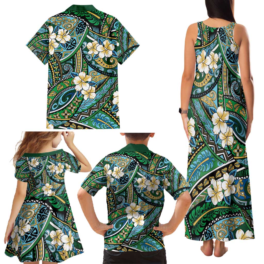 Polynesian Hibiscus Tropical Green Floral Family Matching Tank Maxi Dress and Hawaiian Shirt Tribal Pattern LT01 - Polynesian Pride