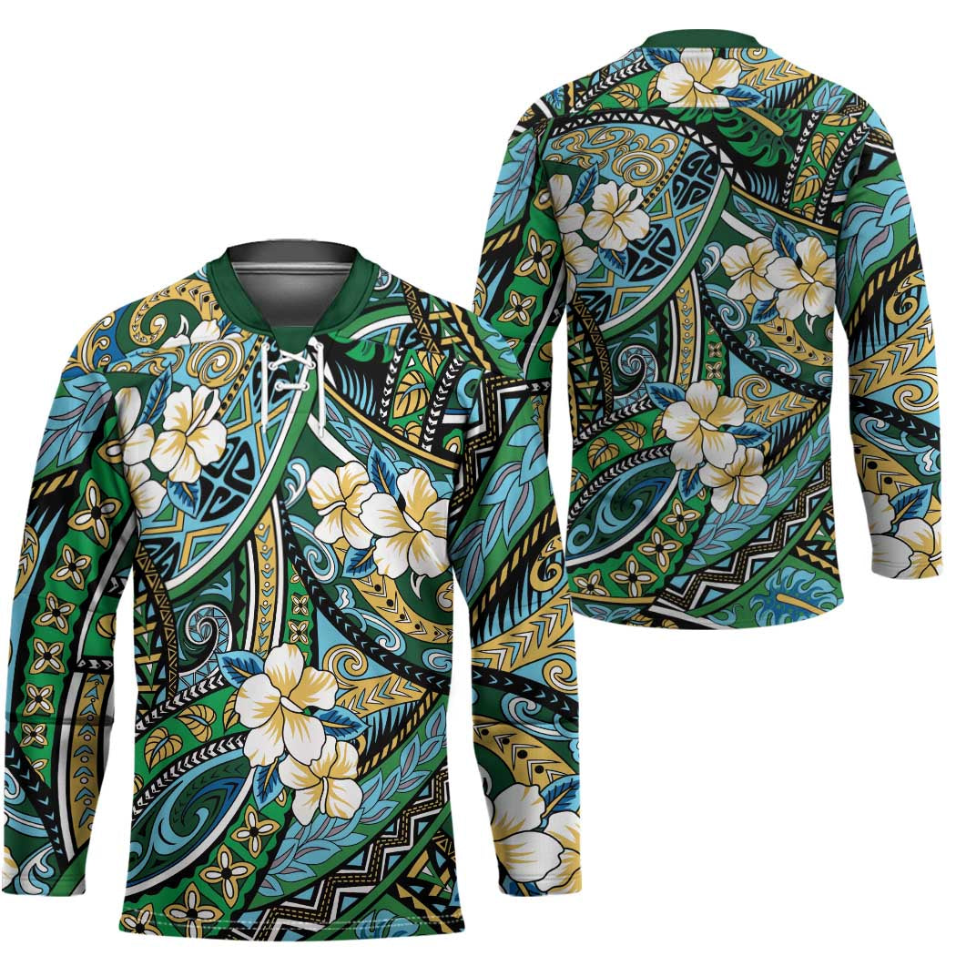 Polynesian Hibiscus Tropical Green Floral Hockey Jersey Tribal Pattern - Polynesian Pride