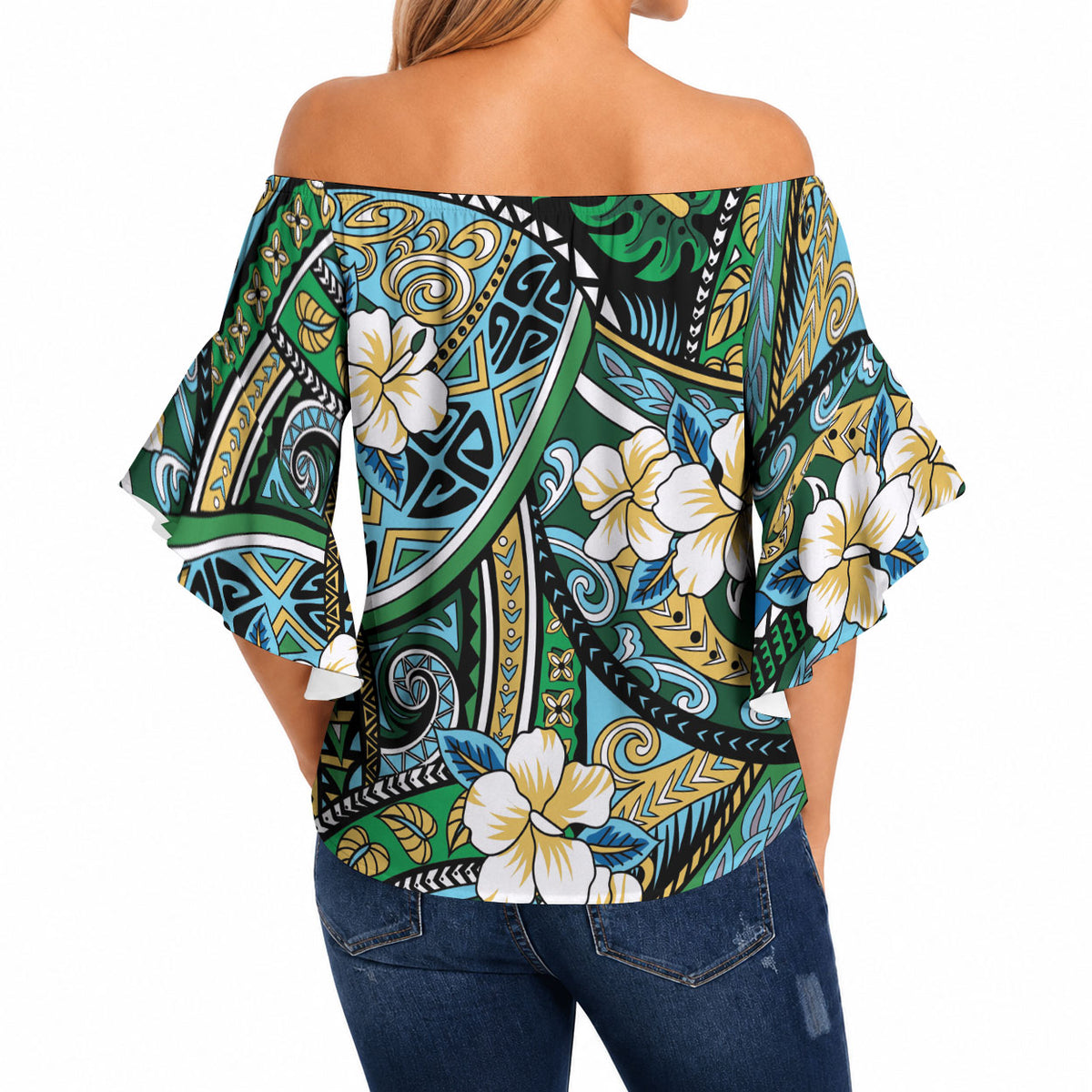 Polynesian Hibiscus Tropical Green Floral Off Shoulder Wrap Waist Top Tribal Pattern LT01 - Polynesian Pride