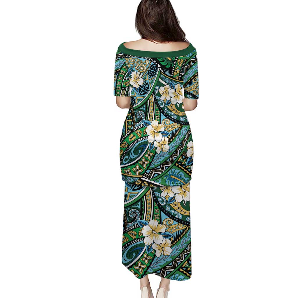 Polynesian Hibiscus Tropical Green Floral Puletasi Tribal Pattern - Polynesian Pride