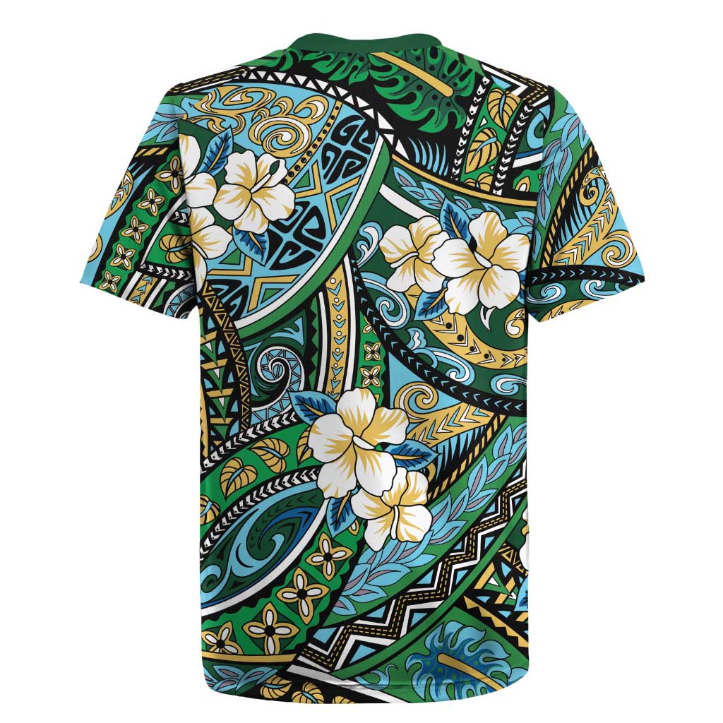 Polynesian Hibiscus Tropical Green Floral Rugby Jersey Tribal Pattern LT01 - Polynesian Pride