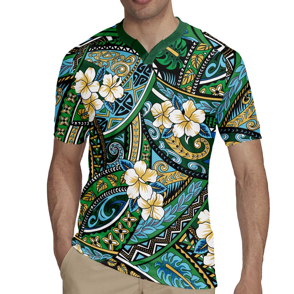 Polynesian Hibiscus Tropical Green Floral Rugby Jersey Tribal Pattern LT01 - Polynesian Pride