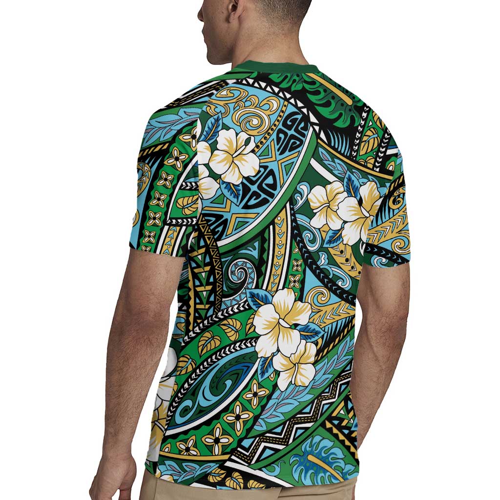 Polynesian Hibiscus Tropical Green Floral Rugby Jersey Tribal Pattern LT01 - Polynesian Pride