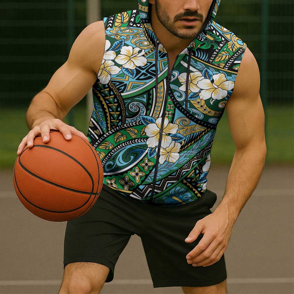 Polynesian Hibiscus Tropical Green Floral Sleeveless Zip Hoodie Tribal Pattern - Polynesian Pride