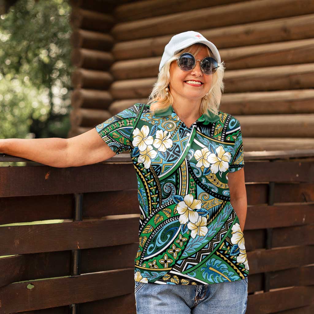 Polynesian Hibiscus Tropical Green Floral Women Polo Shirt Tribal Pattern - Polynesian Pride