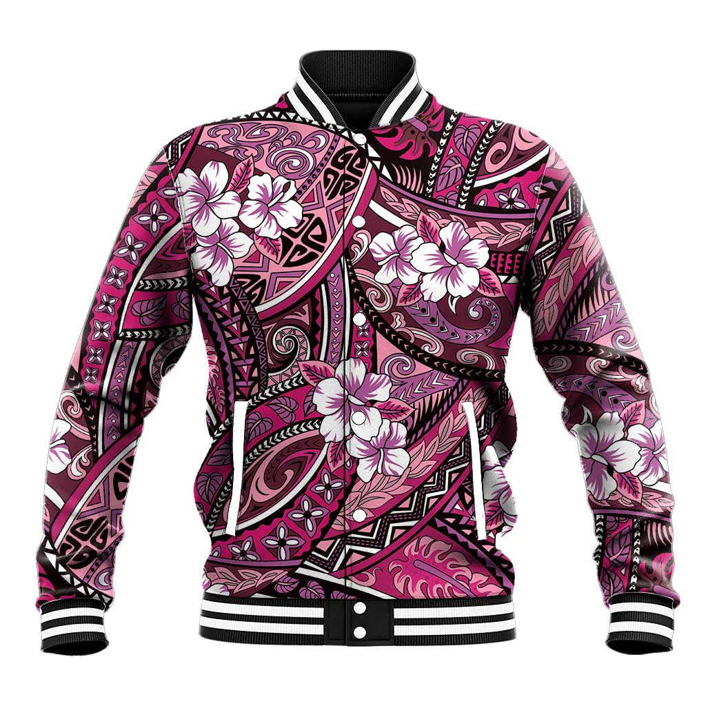 Polynesian Hibiscus Tropical Pink Floral Baseball Jacket Tribal Pattern LT01 Unisex Pink - Polynesian Pride
