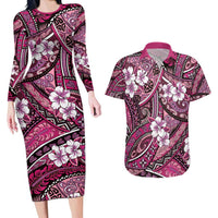 Polynesian Hibiscus Tropical Pink Floral Couples Matching Long Sleeve Bodycon Dress and Hawaiian Shirt Tribal Pattern LT01 Pink - Polynesian Pride