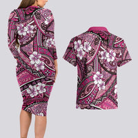 Polynesian Hibiscus Tropical Pink Floral Couples Matching Long Sleeve Bodycon Dress and Hawaiian Shirt Tribal Pattern LT01 - Polynesian Pride