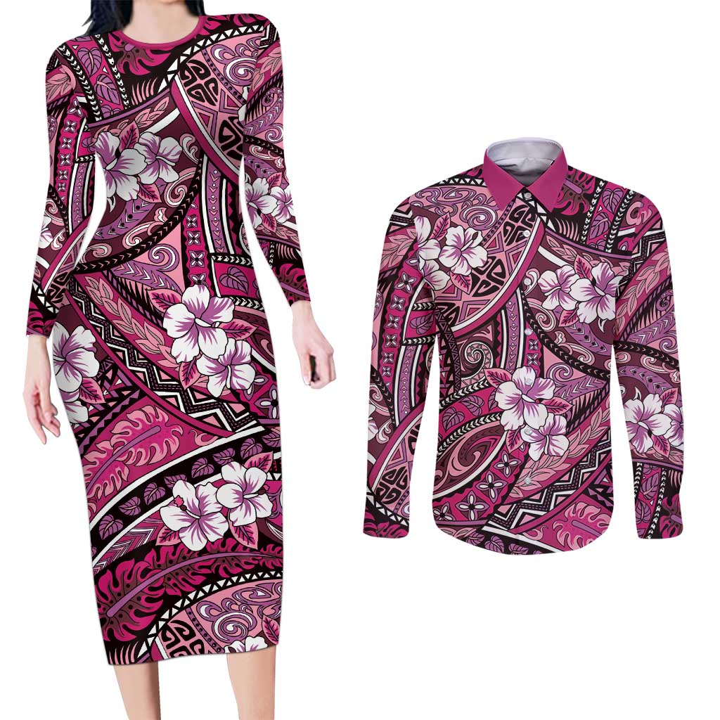 Polynesian Hibiscus Tropical Pink Floral Couples Matching Long Sleeve Bodycon Dress and Long Sleeve Button Shirt Tribal Pattern LT01 Pink - Polynesian Pride