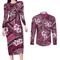 Polynesian Hibiscus Tropical Pink Floral Couples Matching Long Sleeve Bodycon Dress and Long Sleeve Button Shirt Tribal Pattern LT01 Pink - Polynesian Pride